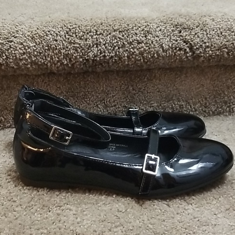 Black Shiny Patent Leather Dress Shoes w/ Ankle Strap Flats